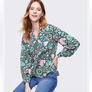 LOFT Blue Floral Long Sleeve Blouse Large